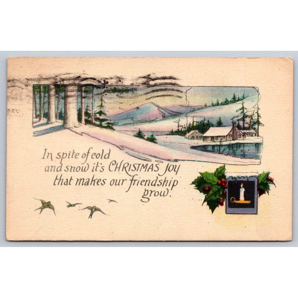 Vintage 1924 Christmas Postcard Snowy Cabin Mountain Scene Smyrna DE Postmark